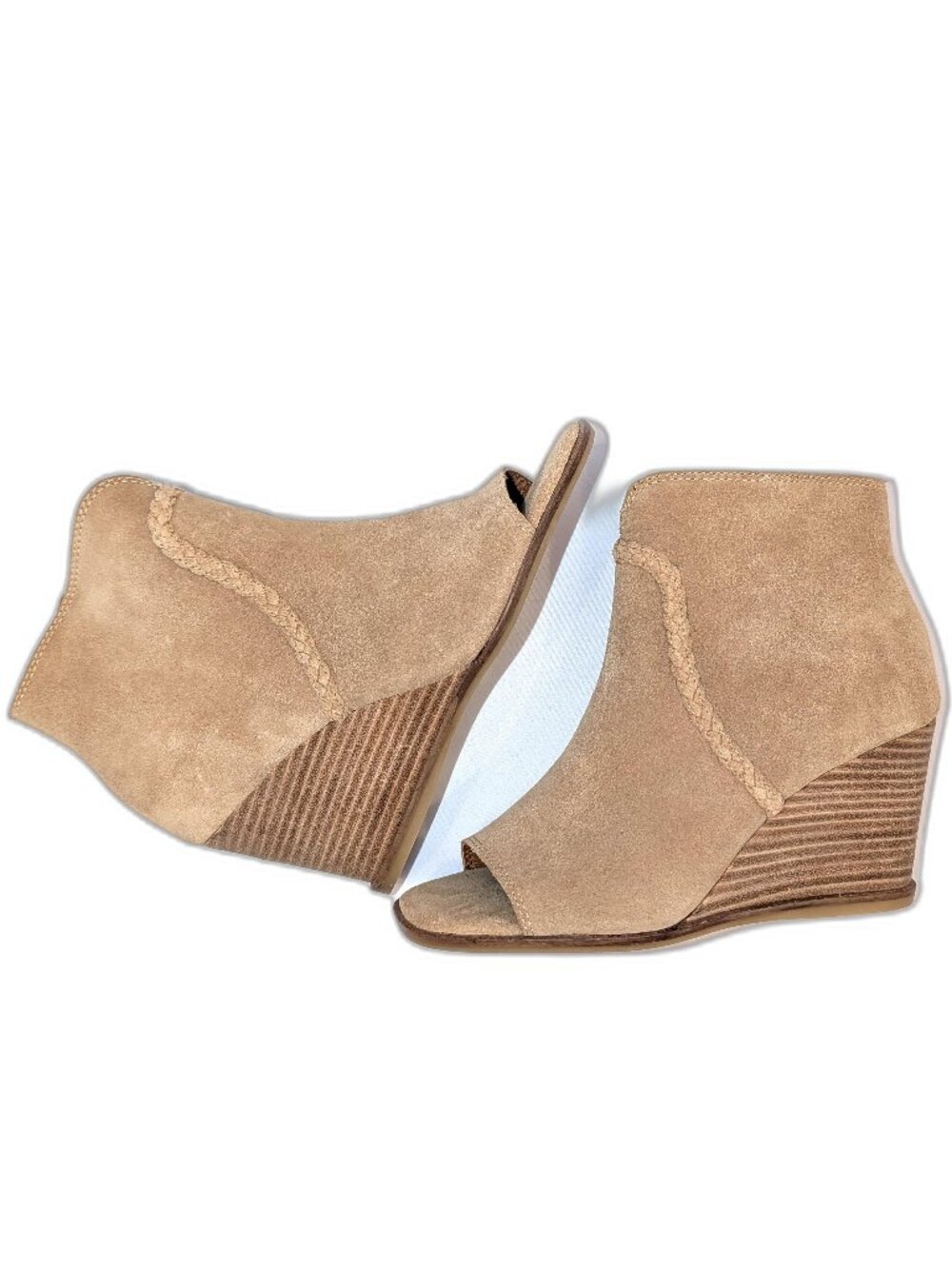 NWOT Lucky Brand | Lureli Tan Suede Leather Peep Toe Wedge Booties Western Sz 7